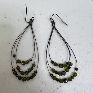 Green Rhinestone Dangle Earrings Wire Silver Tone Beaded Triple Loop Boho‎ Long